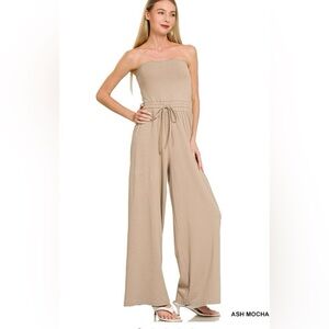 Zenana Outfitters Strapless Beige Jumpsuit